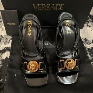 Versace Black Heels with Gold Medallion